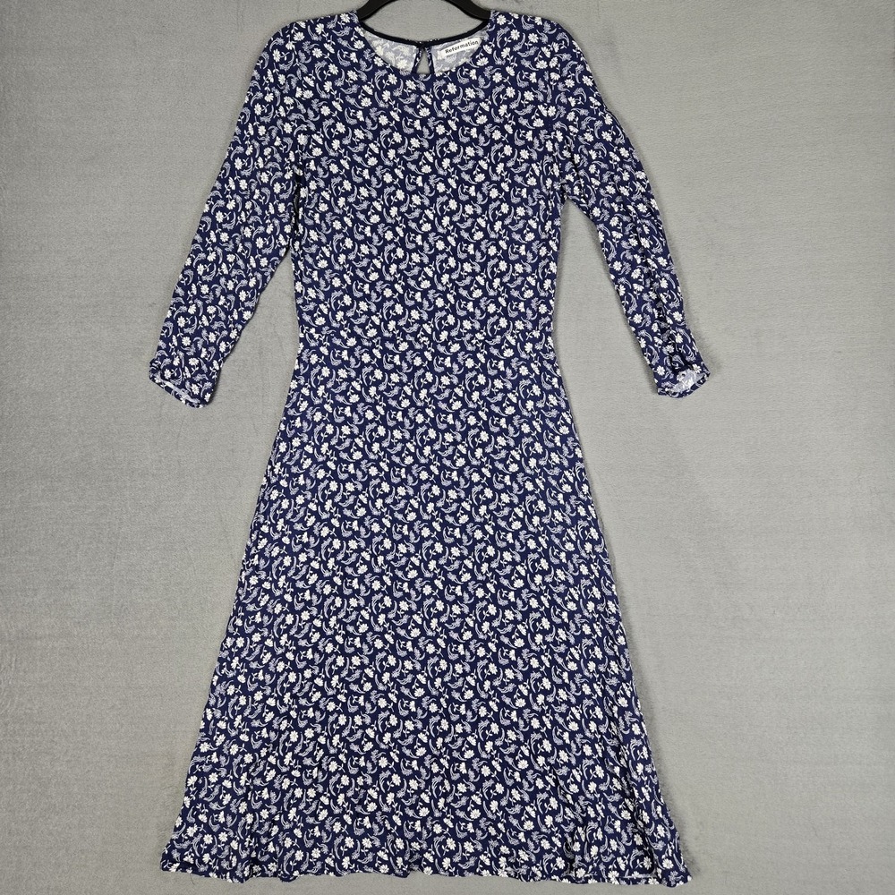 Reformation Monterey Floral Midi Dress Womens 10 Blue White A-Line Keyhole